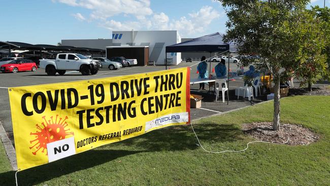 Drive-through Covid testing site at Caloundra. Picture: Lachie Millard