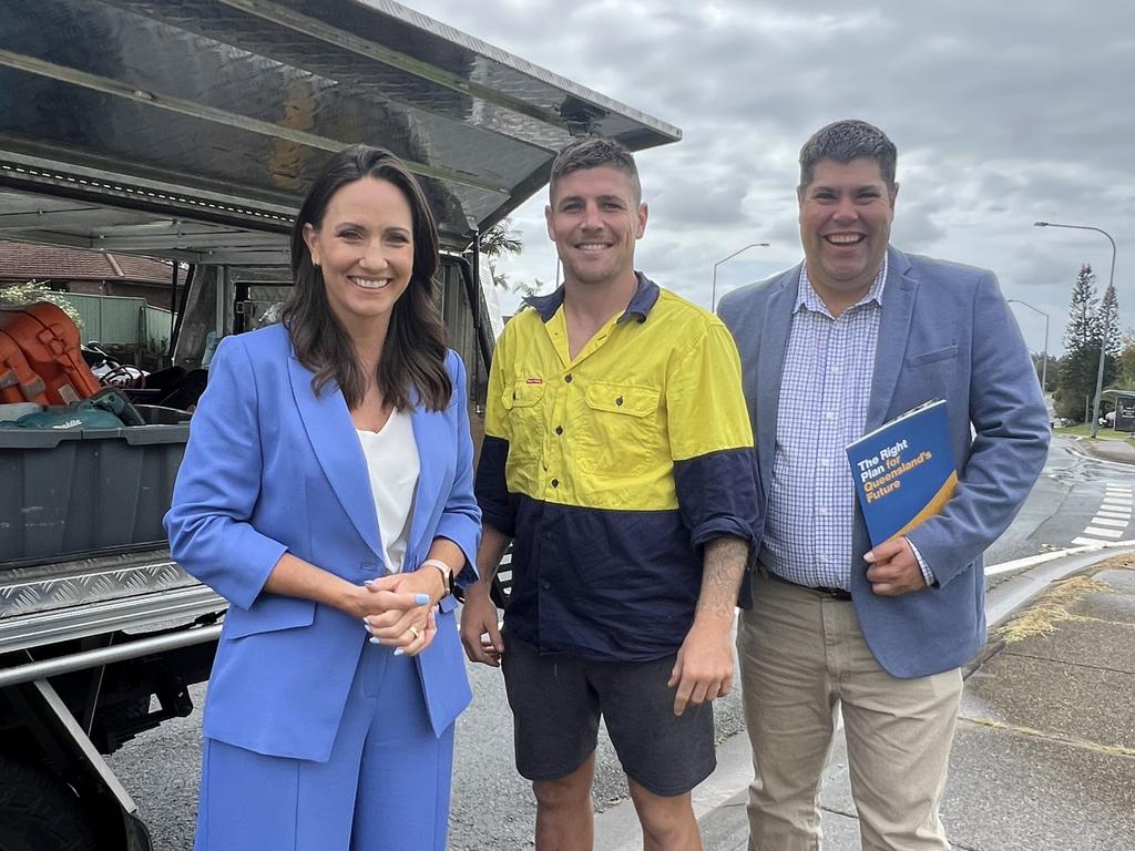 LNP candidate for Gaven Bianca Stone, tradie Josh Nantes and Shadow Minister for Small and Family Business Brent Mickelberg at Highland Park on Thursday October 10. Picture: Keith Woods.