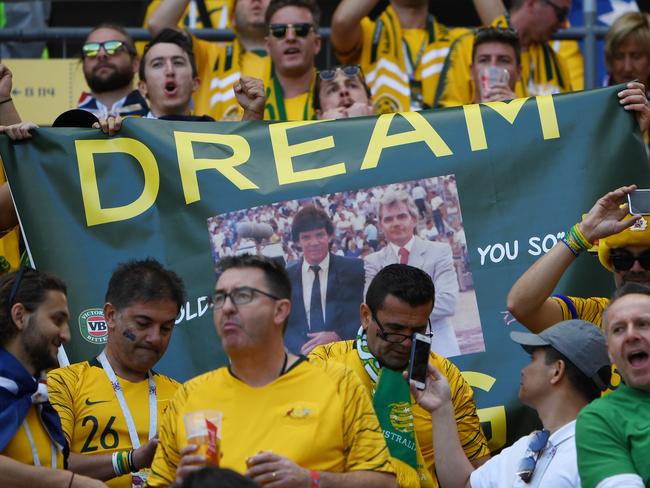 Australian supporters during their FIFA World Cup group match between Australia and France at Kazan Arena during the FIFA 2018 World Cup in Kazan, Russia, Saturday, June 16, 2018. (AAP Image/Dean Lewins) NO ARCHIVING