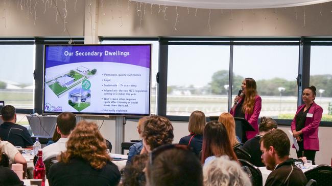 Millions in the Middle co-founders Elisa McFazden and Jenna Armstrong speaking at the Greater Whitsundays Communities Housing Summit. Photo: Contributed