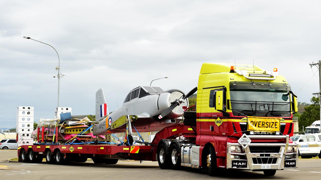 Two restored Royal Australian Air Force aircraft veterans- a Mirage fighter jet A3-55 and a Winjeel Trainer??? A85-403 - arrived at Townsville RAAF Base. Picture: Alix Sweeney