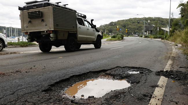 A pothole on Mccarrs Creek Rd at Church Point in March, 2022 — one of 4915 on local roads reported to Northern Beaches Council since mid-January. Picture: Tim Hunter