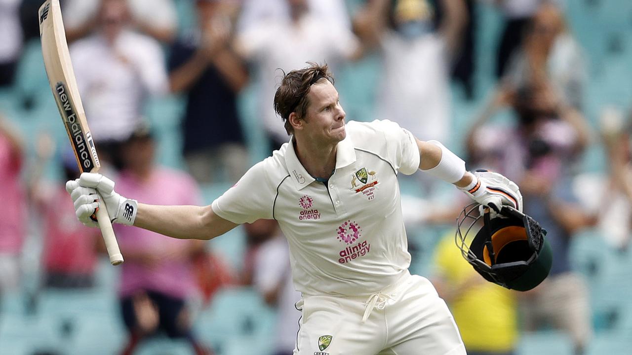 Australia's Steve Smith celebrates his century.