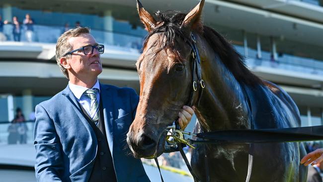 Trainer David Vandyke with his star galloper Alligator Blood. Picture: AAP