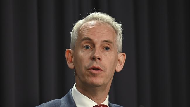 Minister for Immigration, Citizenship, Migrant Services and Multicultural Affairs Andrew Giles hold a press conference at Parliament House in Canberra. Picture: NCA NewsWire / Martin Ollman