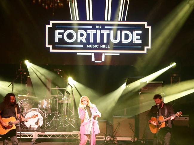 Tia Gostelow with Busby Marou, on stage at The Fortitude Music Hall opening  Brisbane, Friday, July 26, 2019 - (AAP/Photo Steve Pohlner)