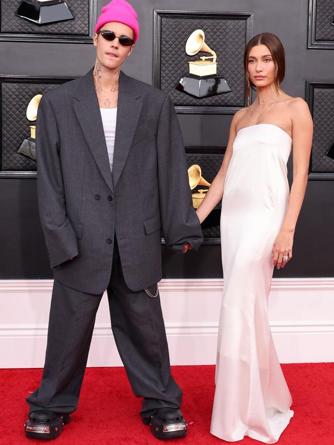 Justin Bieber and Hailey Bieber attend the GRAMMY Awards in Vegas.