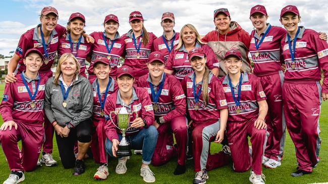 Clarence celebrates winning the women's CTPL Kookaburra Cup final over Greatern Northern Raiders. Picture: Linda Higginson