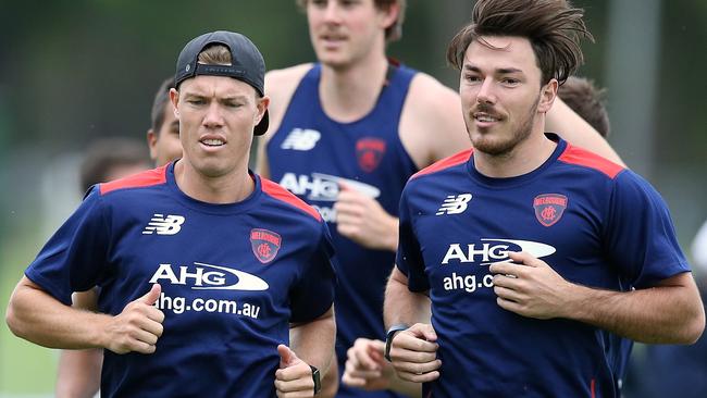 Former Essendon players Jake Melksham and Michael Hibberd start pre-season training. Picture: Wayne Ludbey