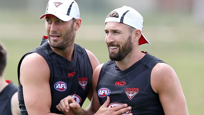 Essendon pair Tom Bellchambers and Cale Hooker. Picture: Michael Klein