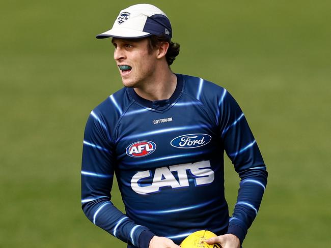 GEELONG, AUSTRALIA - MAY 15: Max Holmes of the Cats in action during the Geelong Cats training session at GMHBA Stadium on May 15, 2025 in Geelong, Australia. (Photo by Michael Willson/AFL Photos via Getty Images)
