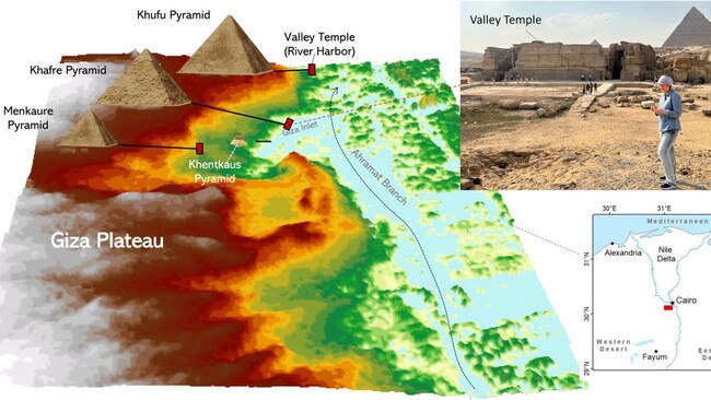 A segment of the former Ahramat Branch in the Nile floodplain in close proximity to the Giza Plateau. Eman Ghoneim, of the University of North Carolina Wilmington, top right, led the research.