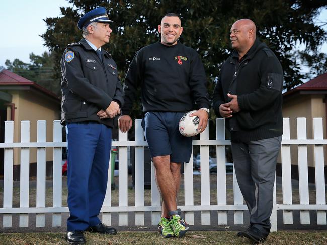 Hampton (middle) with Governor of Long Bay Jail Patrick Aboud (left) and Indigenous leader Shane Phillips (right). Picture: Sam Ruttyn