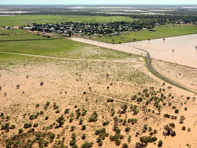 Aerial views of floodwaters around the town of Dirranbandi, contained by the newly raised levee, as the local rivers and floodplains continue to rise and expected to reach their peak within next 24 hours, following heavy rainfall upstream last week.