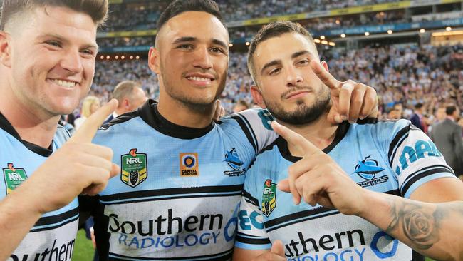 Valentine Holmes (centre) and Jack Bird (right) will fight it out for the Sharks fullback jersey.