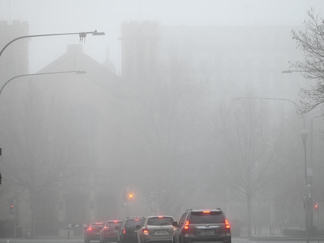 29.7.23 - Fog around Adelaide CBD. Pulteney Street. Picture: Naomi Jellicoe