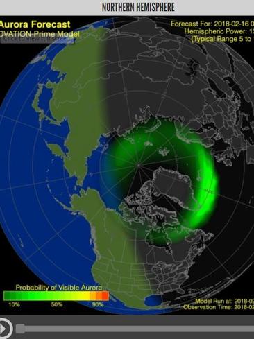 Aurora forecast for the Northern Hemisphere. Picture: National Oceanic and Atmospheric Administration