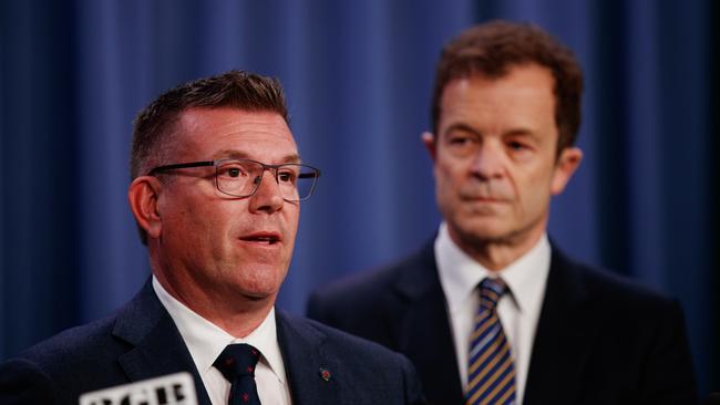 Nationals Leader Dugald Saunders (left) and NSW Liberal Party Leader Mark Speakman (right) during a press conference at state parliament. A spat over a Facebook post may be about to split the Coalition apart. Picture: NCA NewsWire / Nikki Short