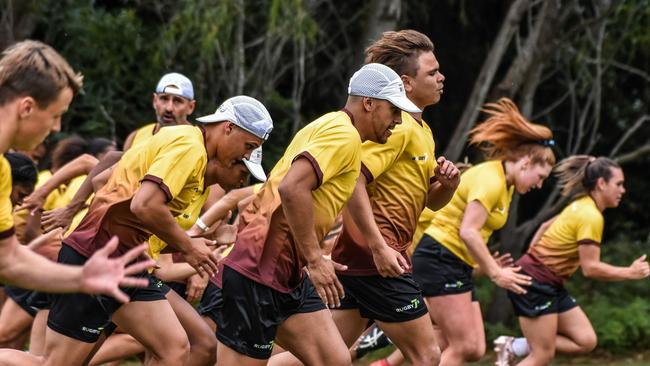 The First Nation Rugby Sevens men and women’s squads training last week. Pic: Rugby Australia