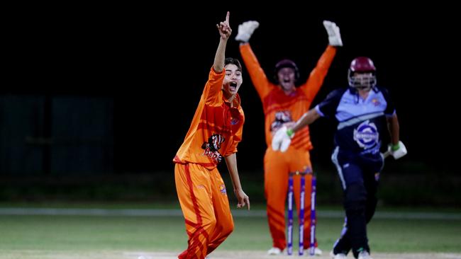 Barrier Reef Big Bash Game 1: Badgers v Hurricanes at Griffiths Park. Badgers bowler Aidan Beanc and keeper Angus Warnock successfully appeal the LBW wicket of Hurricanes' Barry Weare. Picture: Stewart McLean