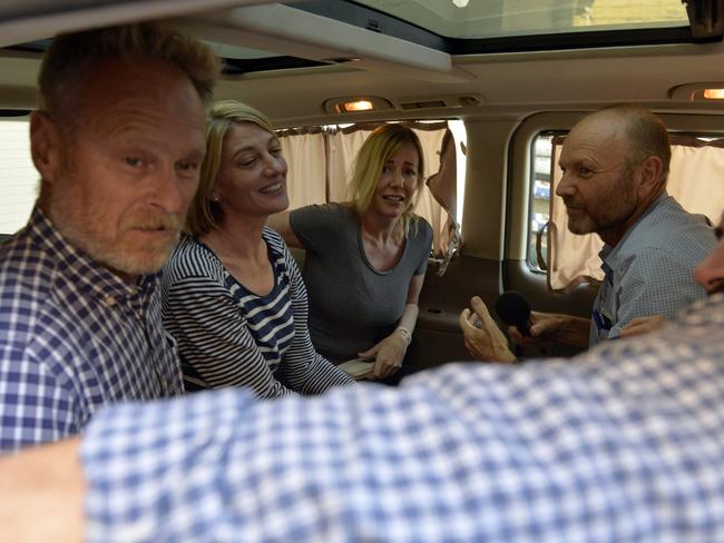 Freedom, members of the Australian '60 Minutes' television crew David Ballment, Tara Brown, Sally Faulkner, Stephen Rice and Ben Williamson are picked up after being released from a Beirut prison.