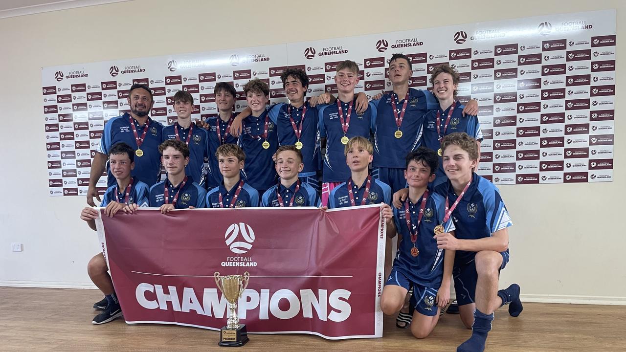 Celebrating their U15 grand final win are (back from left) City Brothers players Steven Calicetto, Ryan Kidd, Phoenix Ridley, Sam Carless, Tristan Calicetto, Logan Rew, Benji Calicetto, Tahj Day, Ramiro Lamadrid, Rueben Finau, Liam Van Lint, Baylee Stevens, Joe Dlask, Nate Van Kerkwyk, Will Magg