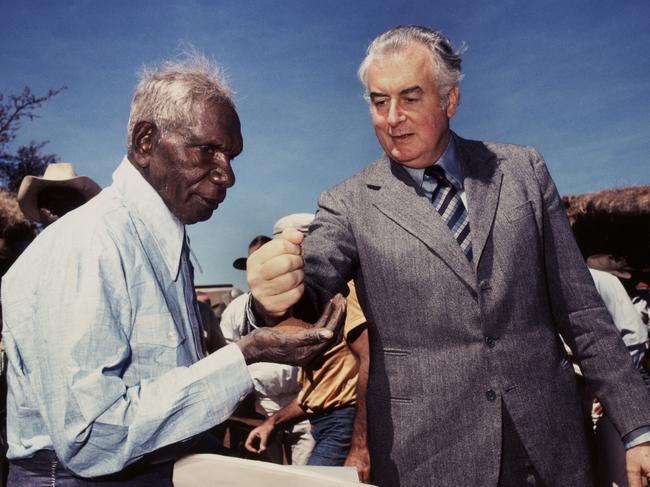 Mervyn Bishop     Prime Minister Gough Whitlam pours soil into the hands of traditional land owner Vincent Lingiari, Northern Territory 1975     type R3 photograph     30.5 x 30.5 cm     Art Gallery of New South Wales     Hallmark Cards Australian Photography Collection Fund 1991     © Mervyn Bishop/ Department of the Prime Minister and Cabinet.     Photo: Felicity Jenkins, AGNSW   **This image may only be used in conjunction with editorial coverage of the exhibition 'Mervyn Bishop' at the Art Gallery of New South Wales, 24 June - 8 Oct 2017. This image may not be cropped or overwritten. Prior approval in writing required for use as a cover. The caption as supplied must accompany the reproduction of the image. Media contact: Hannah.McKissocDavis@ag.nsw.gov.au      *** Local Caption *** **This image may only be used in conjunction with editorial coverage of the exhibition 'Mervyn Bishop' at the Art Gallery of New South Wales, 24 June - 8 Oct 2017. This image may not be cropped or overwritten. Prior approval in writing required for use as a cover. The caption as supplied must accompany the reproduction of the image. Media contact: Hannah.McKissocDavis@ag.nsw.gov.au