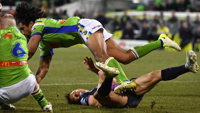 The Soliola tackle that knocked Slater out. Picture: AAP