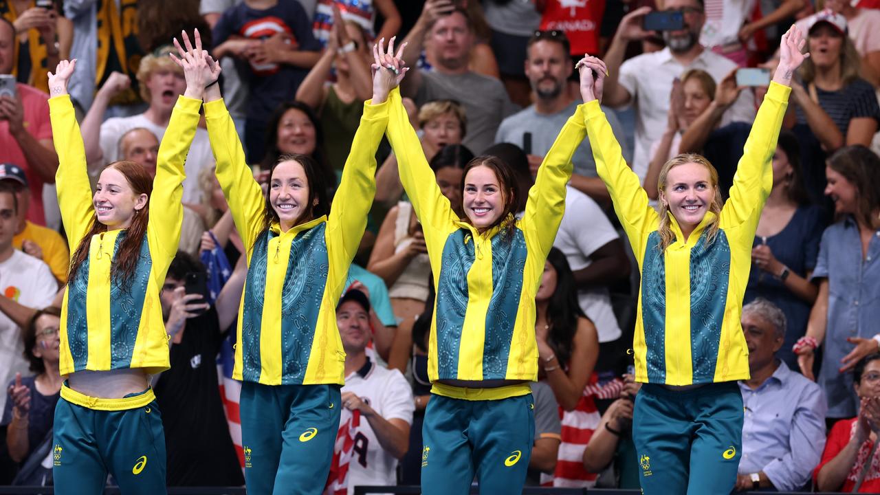 Mollie O’Callaghan, Lani Pallister, Brianna Throssell, and Ariarne Titmus are Paris Olympics gold medallists and likely 2026 Commonwealth Games competitors from Team Australia. Picture: Ian MacNicol/Getty Images