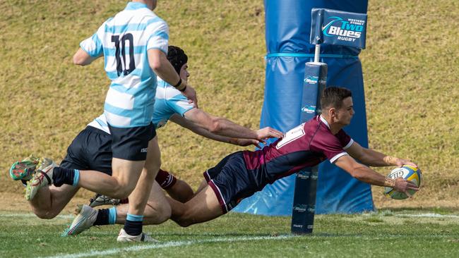 Finn Lawson finds the try line for the Queensland 1 team against New South Wales 2 at the Australian Schools Rugby Championship at Eric Tweedale Stadium, Merrylands. Picture: Julian Andrews