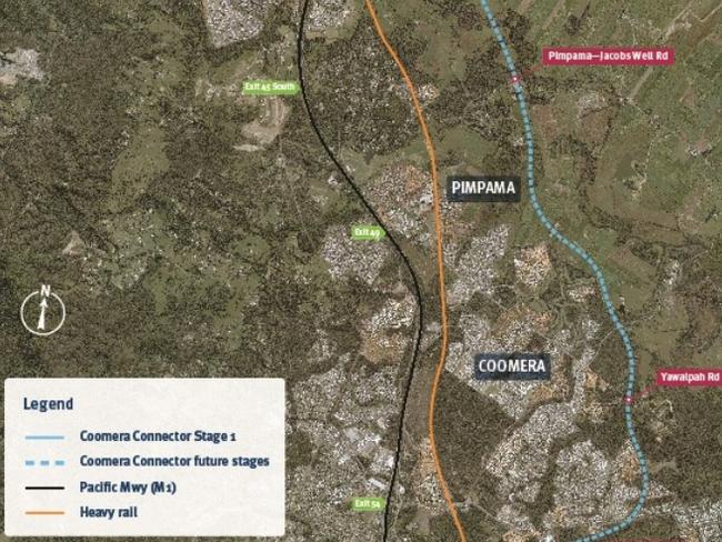 A map showing the second stage of the Coomera Connector with the dotted blue line tracking west of the suburbs and the M1.