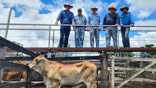 Paul Pratt, Pratt Agencies, with vendor John Muller and the charity heifer’s buyers, Cory and Brent Evans, Jen-Daview Stud and Andrew Wieland, SBLX Site Manager, who bided on behalf of AAM. Photo: SBLX