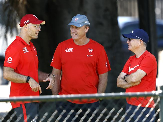 Former coach John Longmire, with CEO Tom Harley and chairman Andrew Pridham, was on hand to watch Sydney match in on Friday. Picture: Phil Hillyard