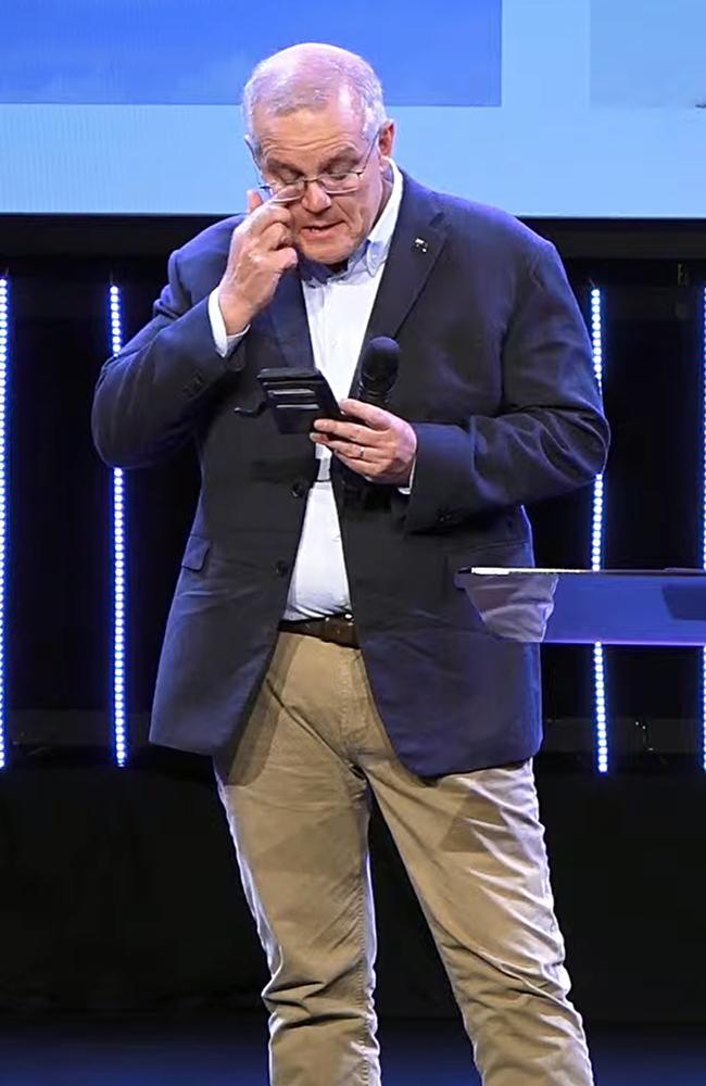 ‘Along the way you make mistakes and bitter enemies’ … Scott Morrison tears up while addressing his fellow congregants at Horizon Church in Sydney after his election defeat.