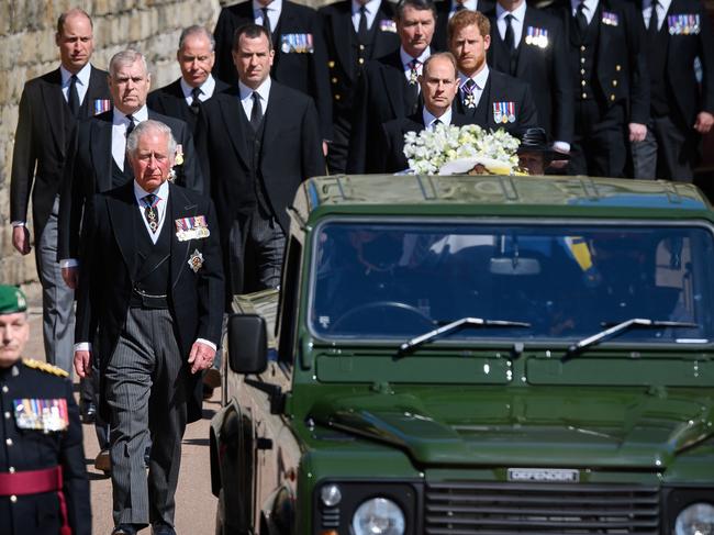 The royal family walking behind Prince Philip’s custom Land Rover hearse. Picture: Leon Neal/WPA Pool/Getty Images