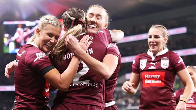 Julia Robinson of the Maroons celebrates a try. Picture: Getty