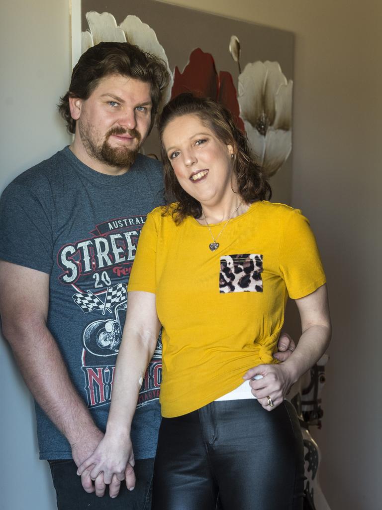 Kahler Baker with her husband Michael Baker. Kahler has Alagille syndrome and requires a kidney donation after receiving a liver donation at the age of five, Friday, July 30, 2021. Picture: Kevin Farmer