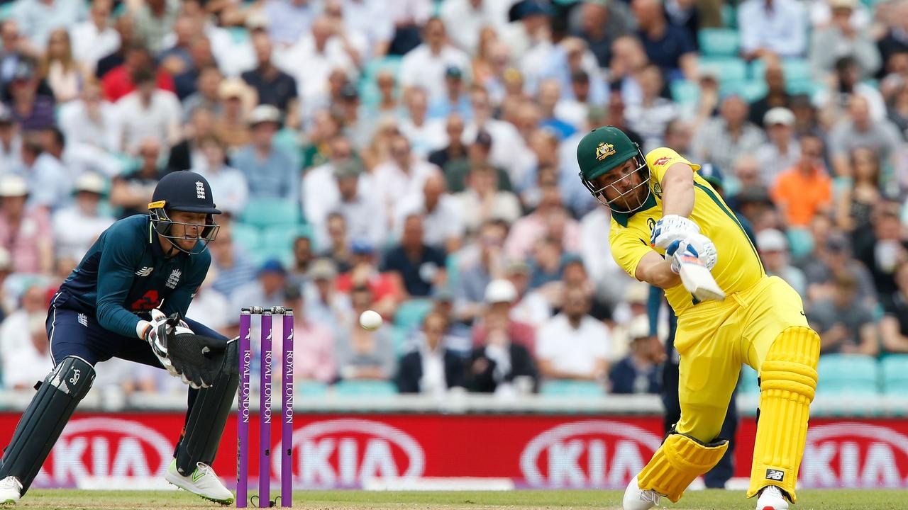 Aaron Finch plays a shot to be caught out for 19 runs during the first One Day International match at The Oval.