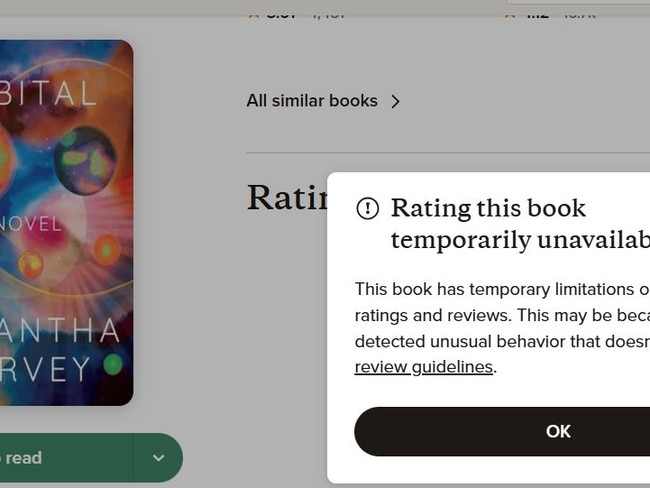 The notice on Goodreads preventing readers from posting reviews of the 2024 Booker Prize winner, Orbital.