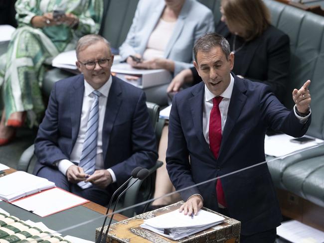 Treasurer Jim Chalmers with Prime Minister Anthony Albanese during Question Time. Picture: NCA NewsWire / Gary Ramage