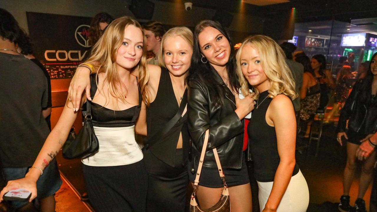 Evie Nay, Hannah Mourant, Grace Mourant, and Jasmine Aitken at Cocktails Nightclub. Picture: Kitt O'Halloran