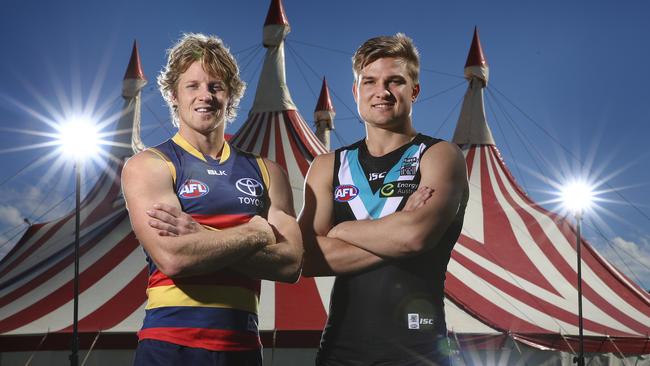 Adelaide’s Rory Sloane and Port Adelaide’s Ollie Wines. Picture: Sarah Reed