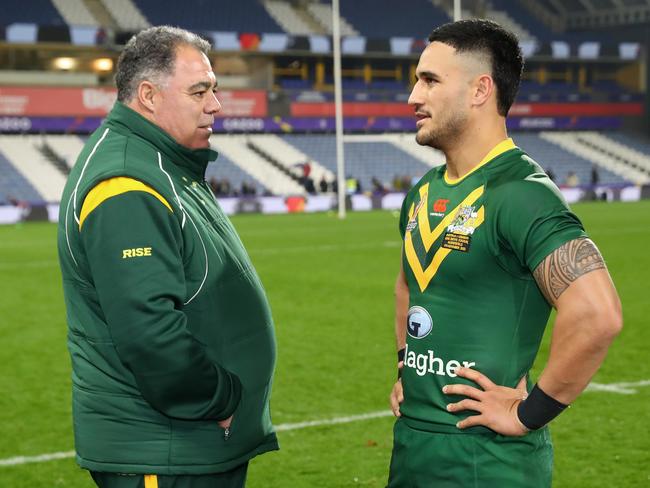 Kangaroos coach Mal Meninga may turn to Valentine Holmes if Cleary can’t convert. Picture: Alex Livesey/Getty Images for RLWC