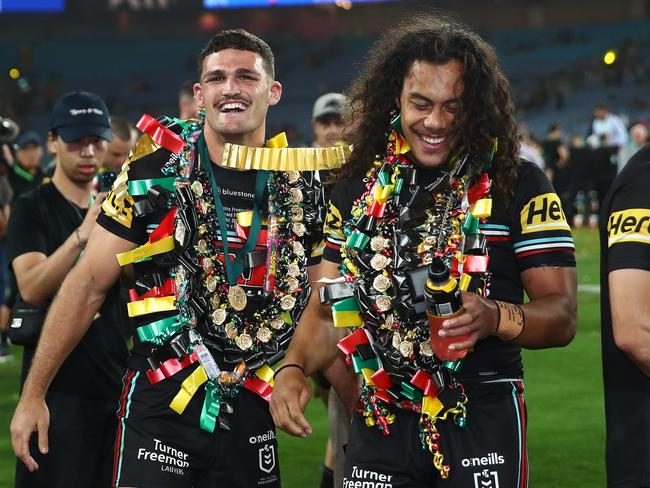 Nathan Cleary and Jarome Luai celebrate their 2023 grand final win. Picture: NRL Images.