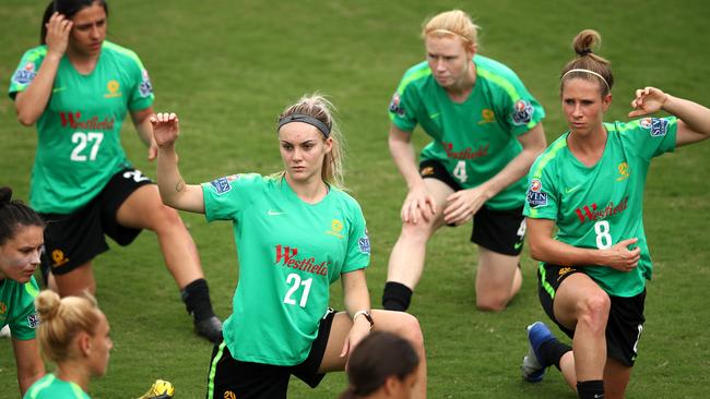 Matildas players training at Leichhardt Oval yesterday ahead of the Cup of Nations