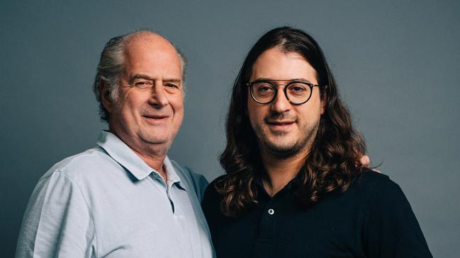 The late Michael Gudinski with son and Mushroom Group CEO Matt Gudinski. Picture: Supplied.