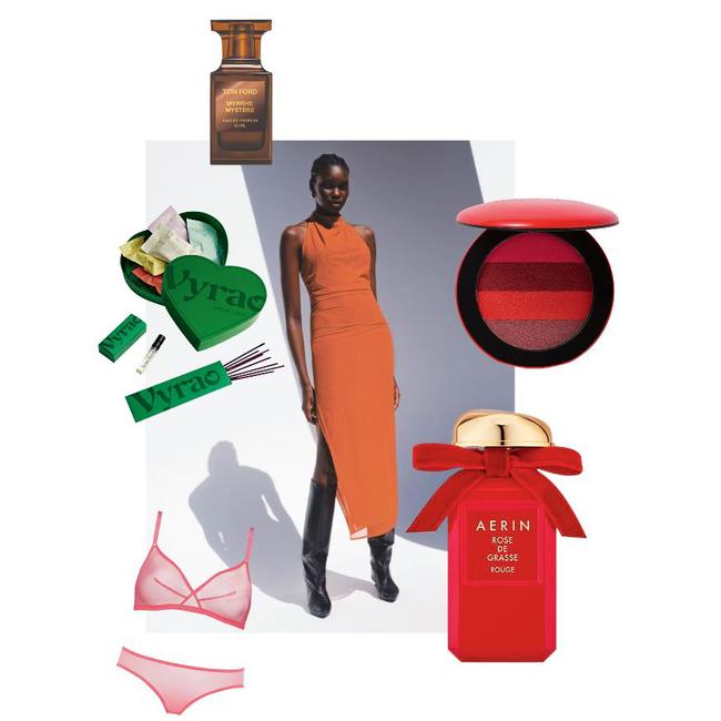 Main look: Sir The Label, Jacques mesh halter midi-dress, $420; Loco Love x Vyrao- Higher Love Bundle, $45; Aerin Rose de Grasse Rouge eau de parfum, 50mL, $340; Tom Ford Myrrh Mystere eau de parfum 30mL, $360; Eres Bel triangle bra, $305 and Bambin briefs, $160; Westman Atelier Lip Suede, $141.