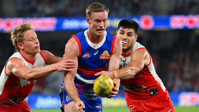 Despite being fit, coach Luke Beveridge says there is not enough trust in Alex Keath’s body to play him against Carlton on Saturday. Picture: Morgan Hancock / Getty Images