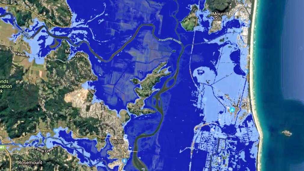 RISING: Predicted Yaroomba-Maroochydore sea level rise inundation. Dark blue: 2013 worst-case of 0.74m sea level rise. Light blue: 2017 worst-case of 2m sea level rise. Picture: Coastal Risk Australia