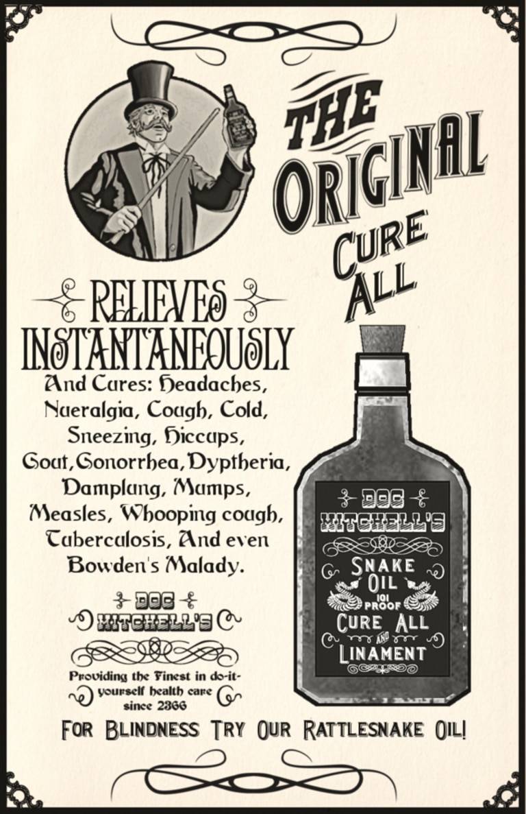 An old-fashioned poster showing a 'remedy' that will cure everything